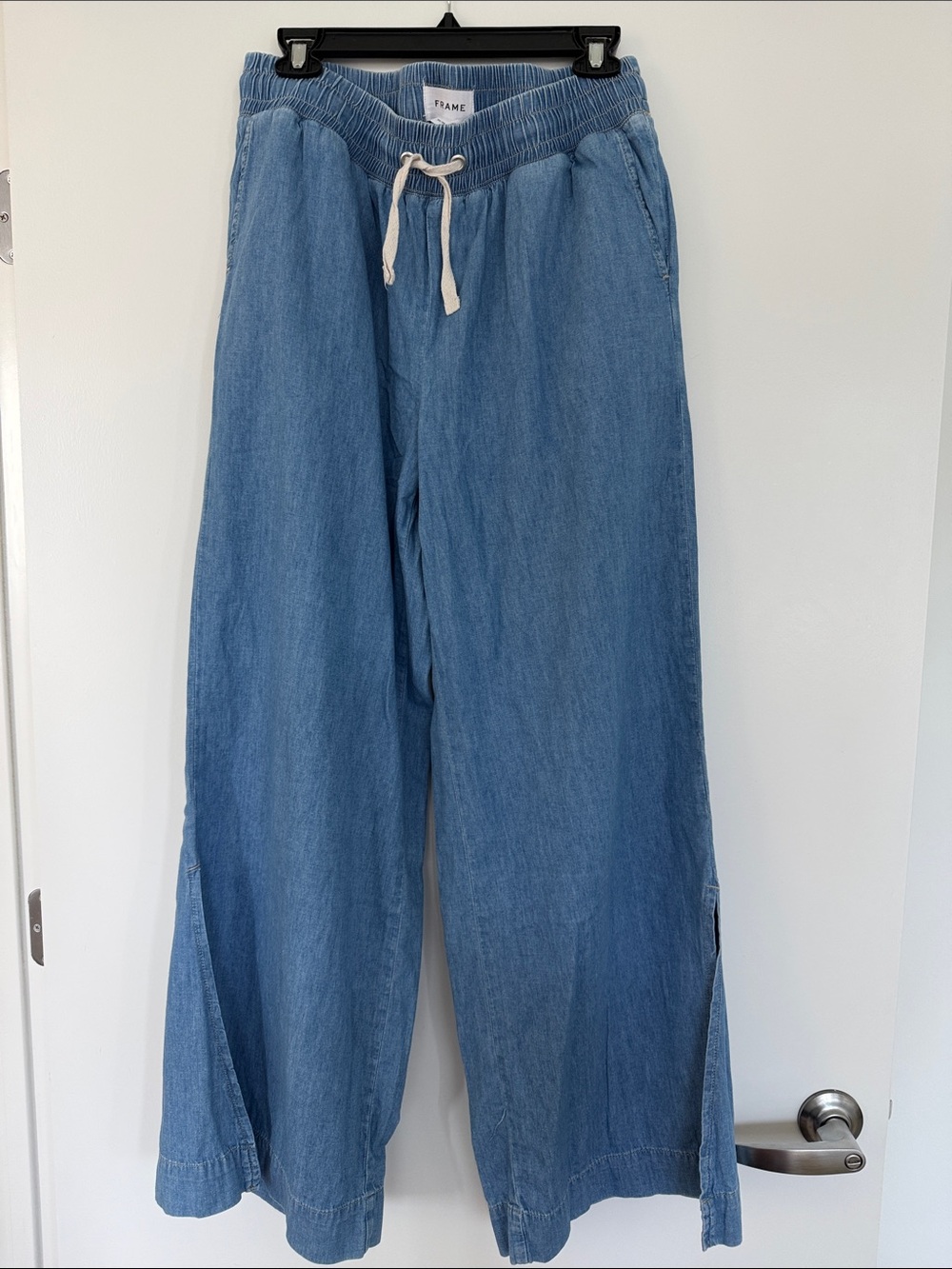 FRAME Chambray Denim Light Blue Wide Leg Drawstring Pants